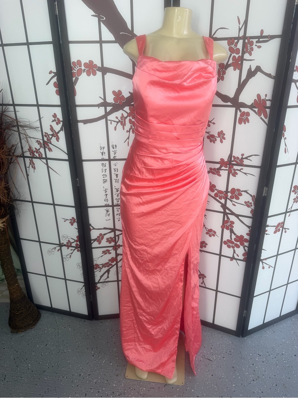 Coral Pink Satin Evening Gown with Side Slit